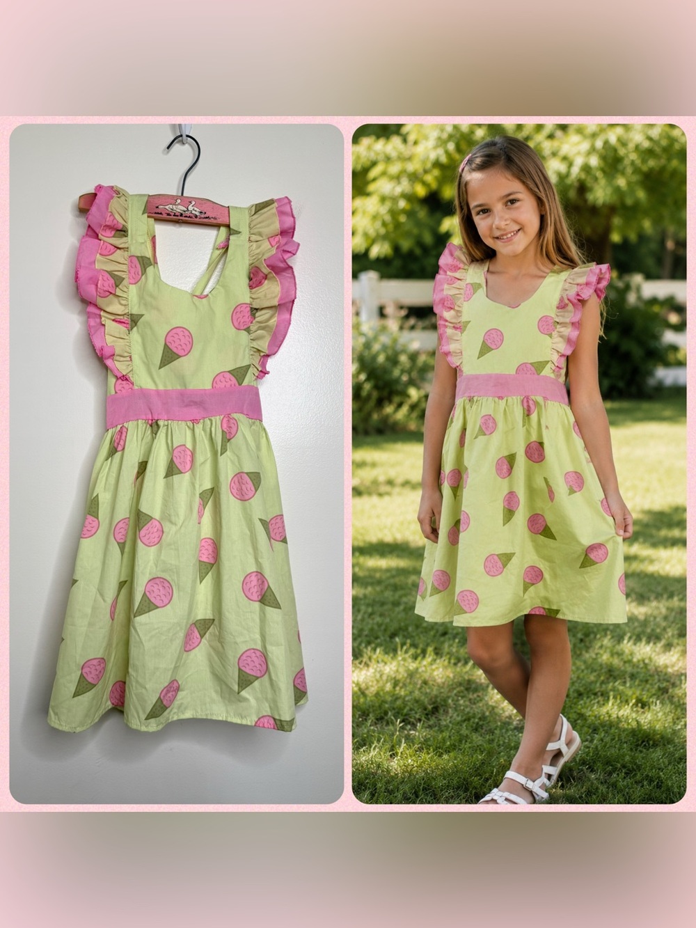 Kids pinafore Dress Ice Cream or Snow Cone Design Light Green Pink Size XXL 7/8